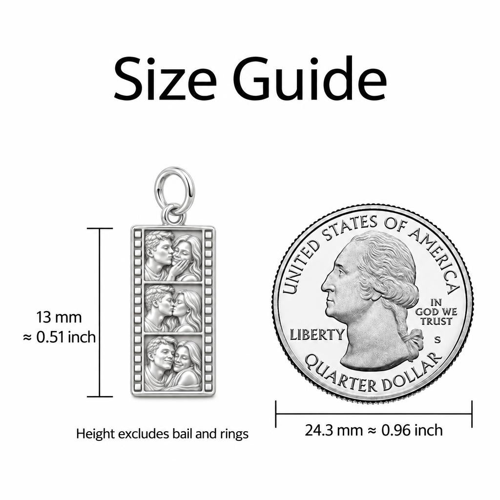 Vintage Film Strip Charm Bracelet – Personalized Couple Gift – size guide, 13 mm charm next to a quarter