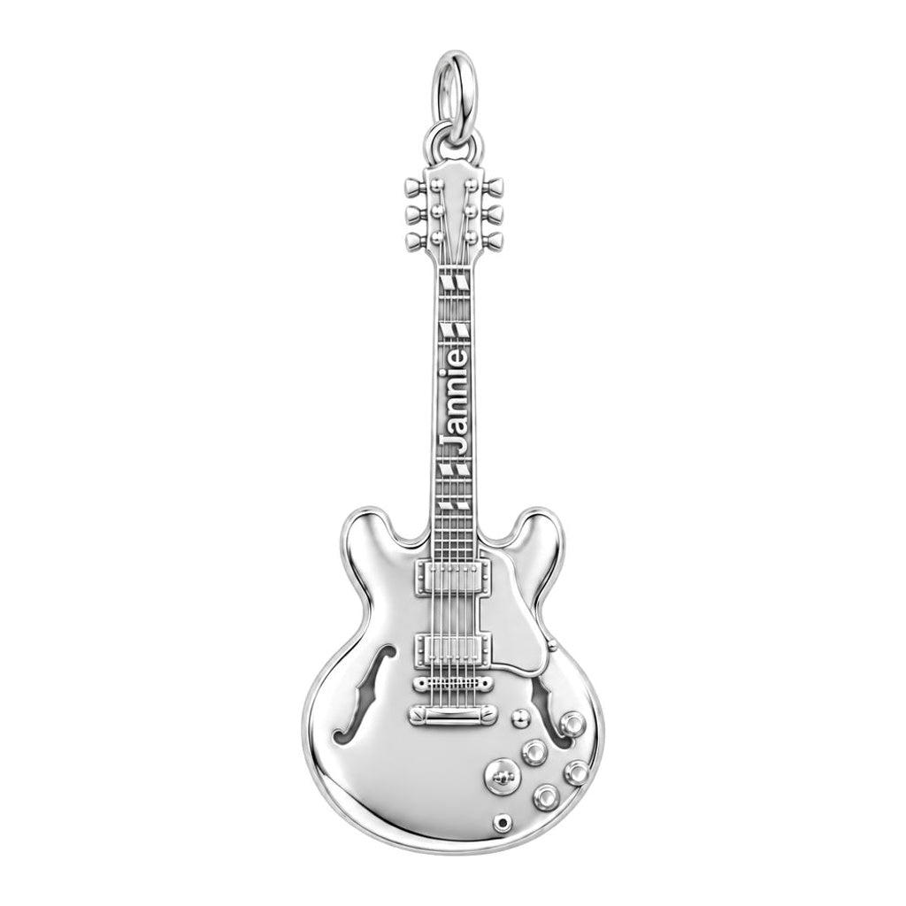 Vintage Hollow Body Guitar Charm Bracelet – Personalized Musician Gift – silver charm, front view