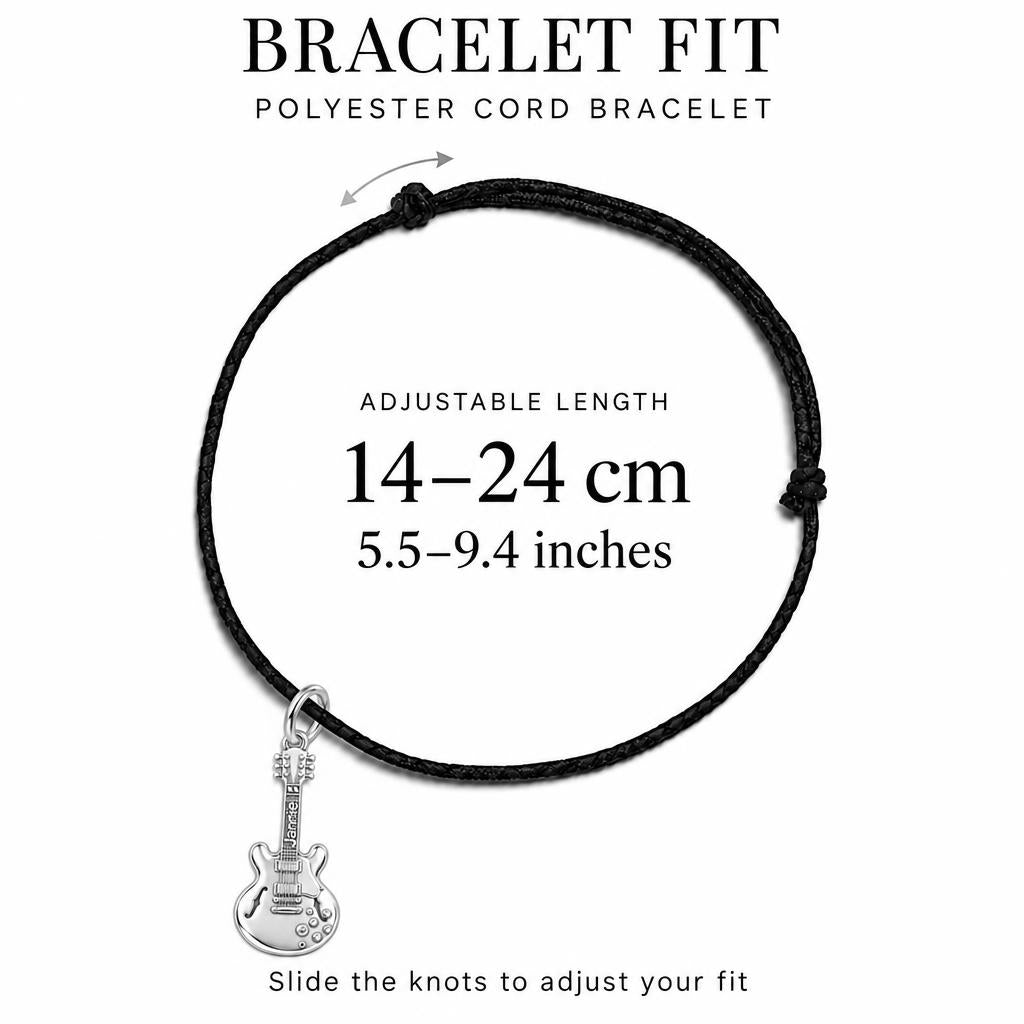 Vintage Hollow Body Guitar Charm Bracelet – Personalized Musician Gift – adjustable black cord bracelet, 14–24 cm