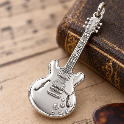 Vintage Hollow Body Guitar Charm Bracelet – Personalized Musician Gift – macro detail of the charm
