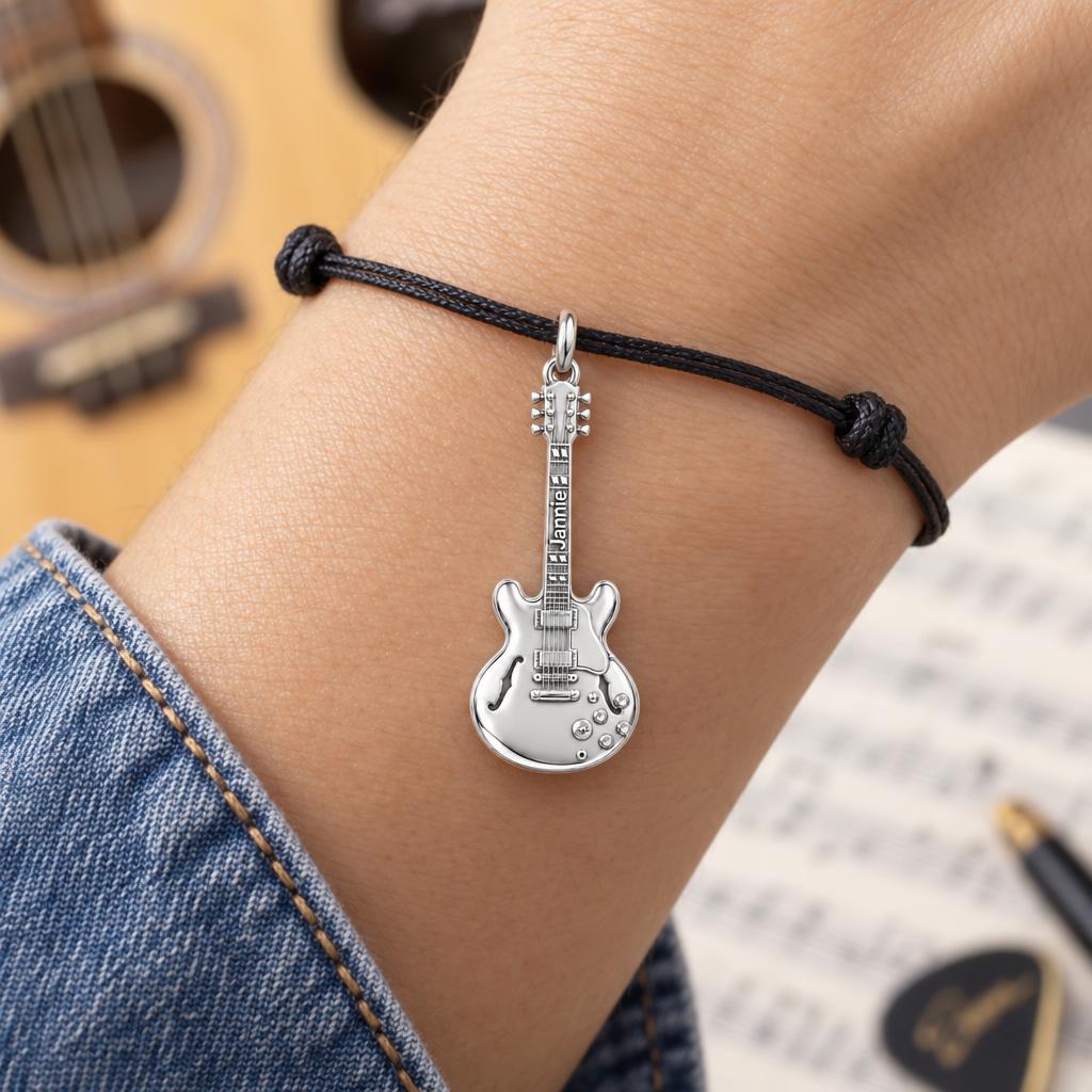 Vintage Hollow Body Guitar Charm Bracelet – Personalized Musician Gift – worn on the wrist on a black cord bracelet