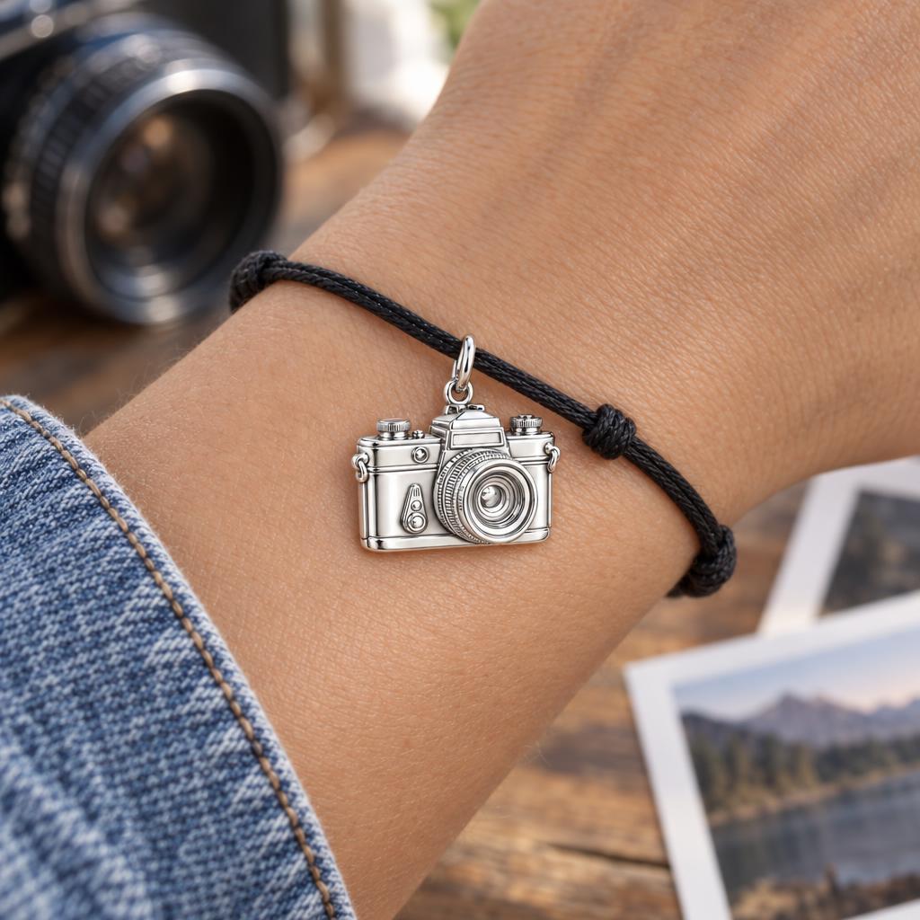 Vintage Lens Flashback Charm Bracelet – Personalized Photographer Gift – worn on the wrist on a black cord bracelet