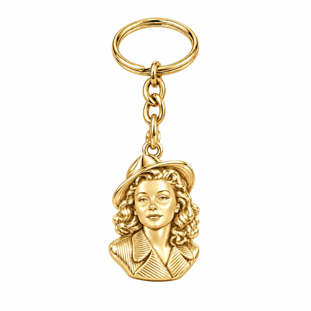 Vintage Portrait Cameo Charm Keychain – 18K gold, front view