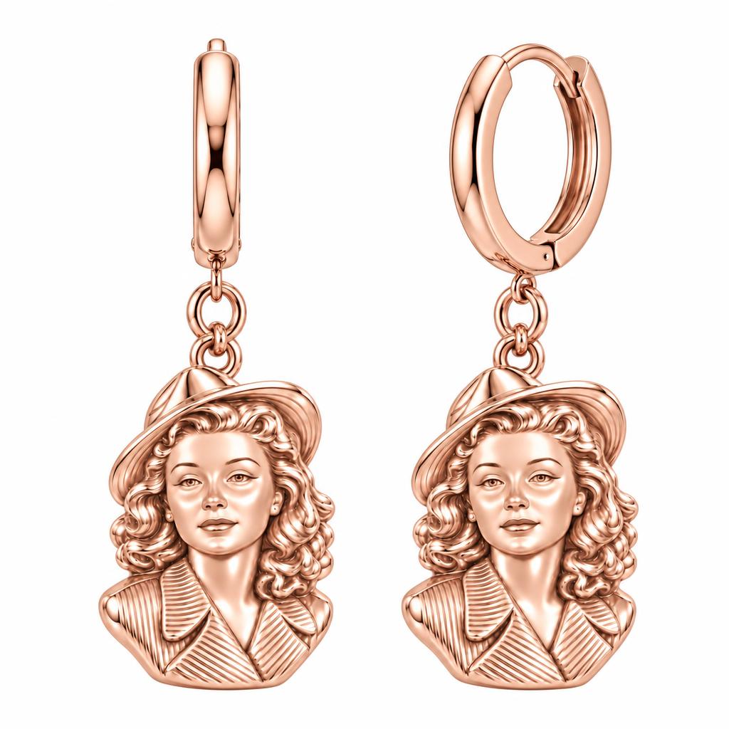 Vintage Portrait Cameo Huggie Charm Earrings – rose gold, front view