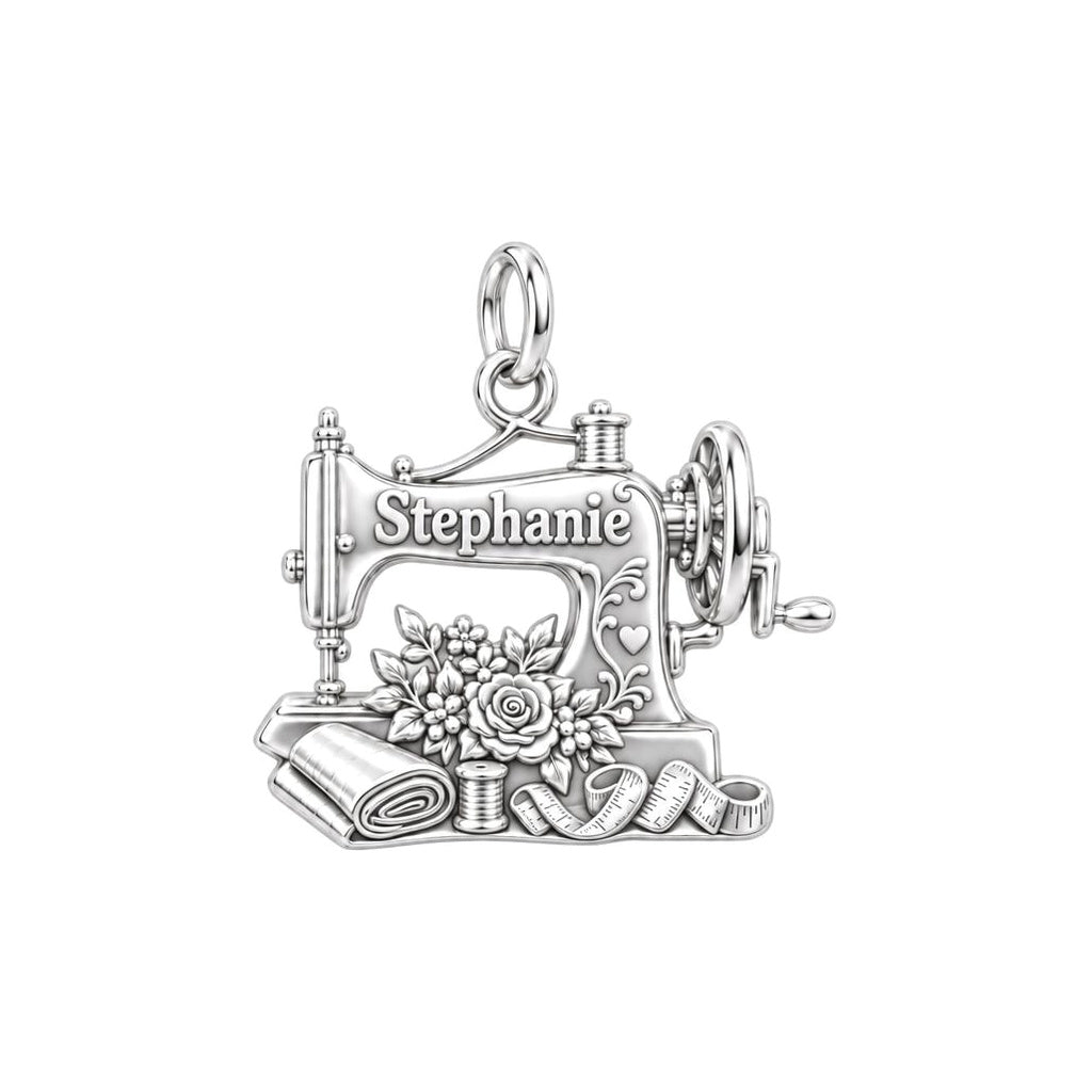 Vintage Sewing Machine Charm Bracelet – Personalized Quilter Gift – silver charm, front view
