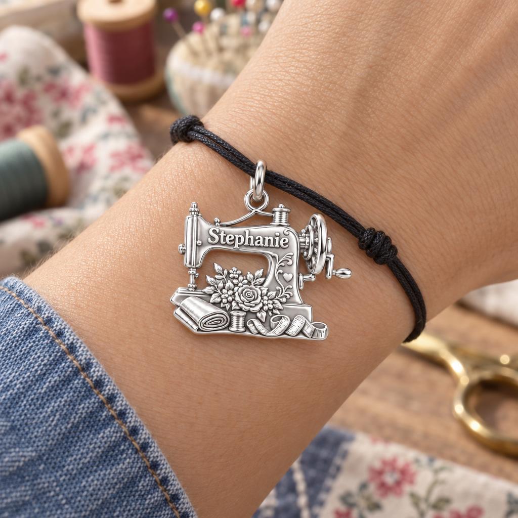 Vintage Sewing Machine Charm Bracelet – Personalized Quilter Gift – worn on the wrist on a black cord bracelet