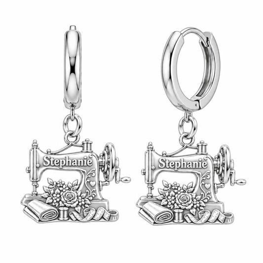 Vintage Sewing Machine Huggie Charm Earrings – silver, front view