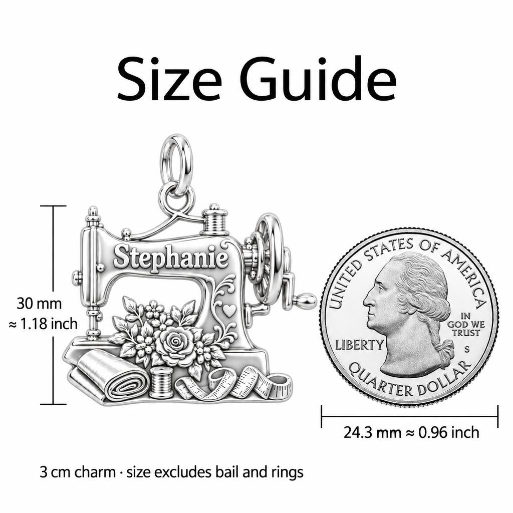 Vintage Sewing Machine Keepsake Plaque – size guide, 13 mm charm next to a quarter