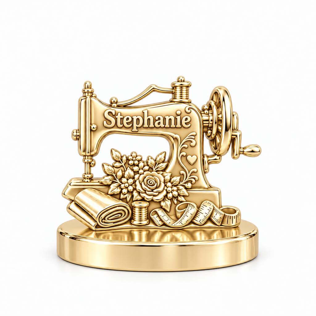 Vintage Sewing Machine Keepsake Plaque – 18K gold, front view