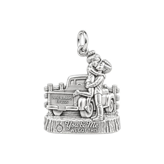 Vintage Truck Sweethearts Charm Bracelet – Personalized Couple Gift – silver plated 2 cm charm, front view