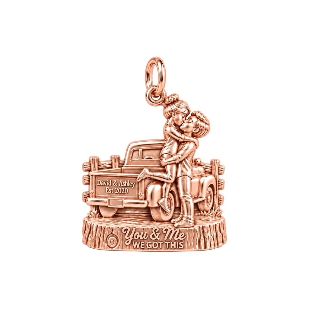 Vintage Truck Sweethearts Charm Bracelet – Personalized Couple Gift – rose gold 3 cm charm, front view