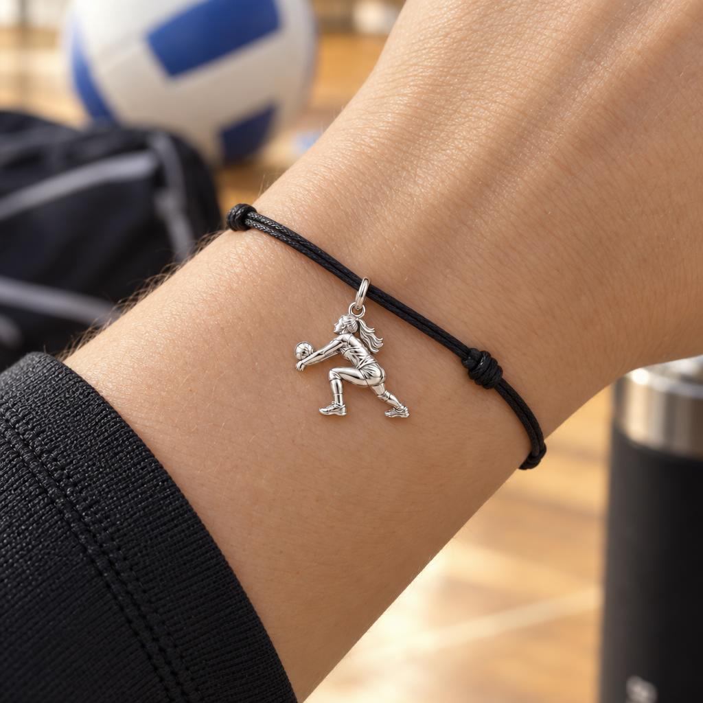 Volleyball Hitter Charm Bracelet – Personalized Athlete Gift – worn on the wrist on a black cord bracelet