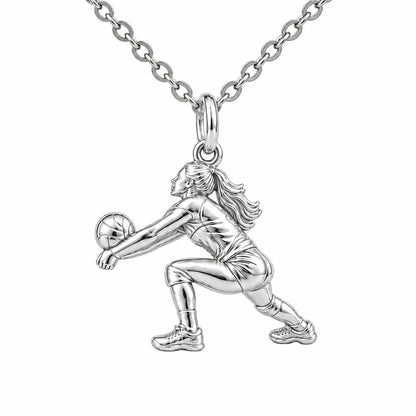 Volleyball Hitter In Action Charm Necklace Set – silver, front view