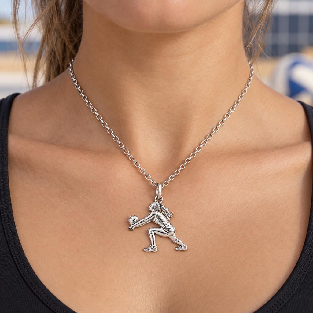 Volleyball Hitter In Action Charm Necklace Set – worn / in use