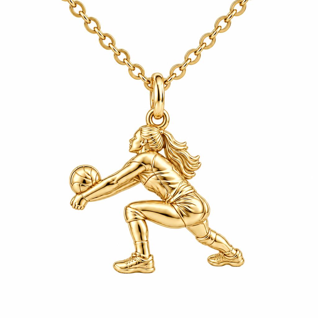 Volleyball Hitter In Action Charm Necklace Set – 18K gold, front view