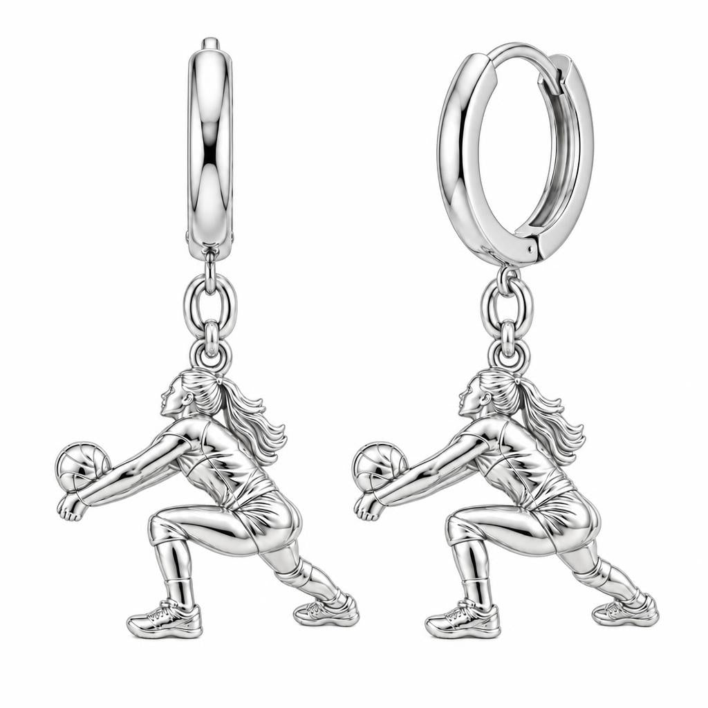 Volleyball Hitter In Action Huggie Charm Earrings – silver, front view