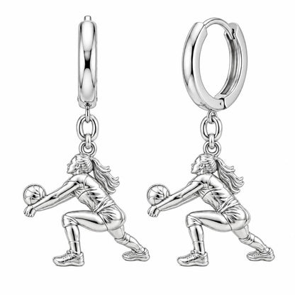 Volleyball Hitter In Action Huggie Charm Earrings – silver, front view