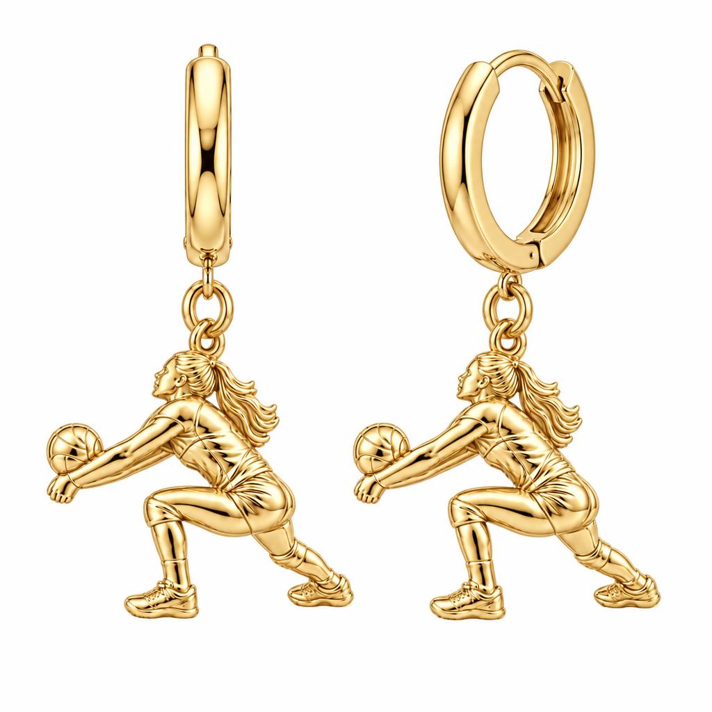 Volleyball Hitter In Action Huggie Charm Earrings – 18K gold, front view