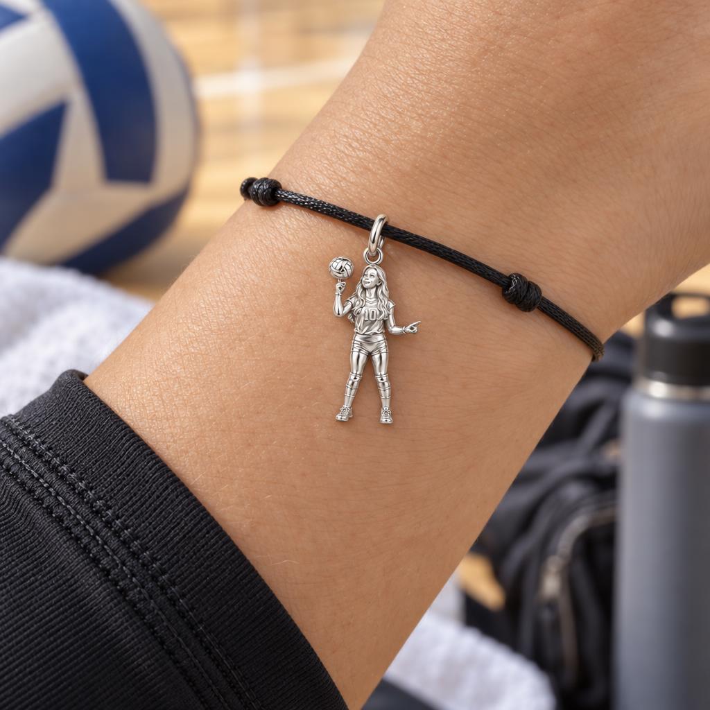 Volleyball Star Athlete Charm Bracelet – Personalized Mom Gift – worn on the wrist on a black cord bracelet