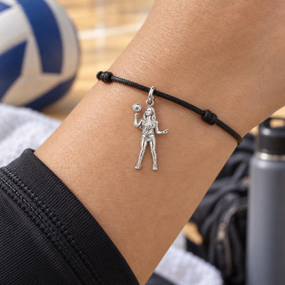Volleyball Star Athlete Charm Bracelet – Personalized Mom Gift – worn on the wrist on a black cord bracelet