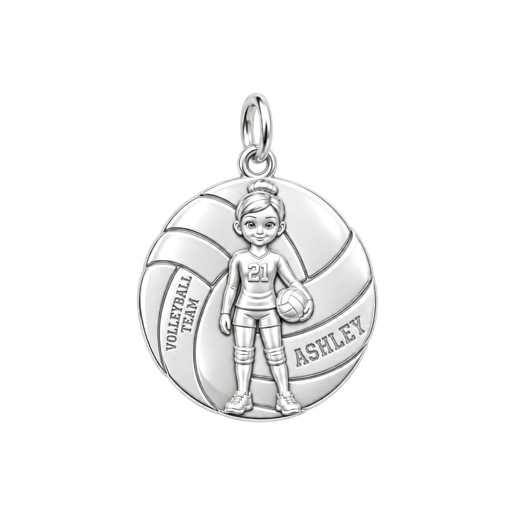 Volleyball Star Player Charm and Polyester Cord Bracelet Set – silver plated 3 cm charm, front view