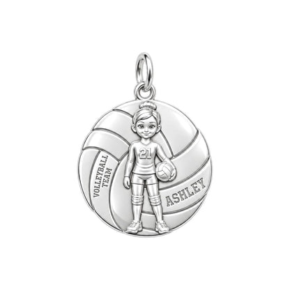 Volleyball Star Player Charm and Polyester Cord Bracelet Set – silver plated 3 cm charm, front view