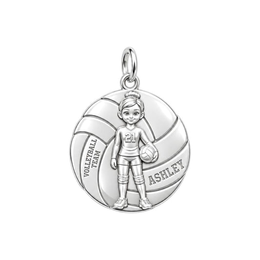 Volleyball Star Player Charm and Polyester Cord Bracelet Set – silver plated 3 cm charm, front view