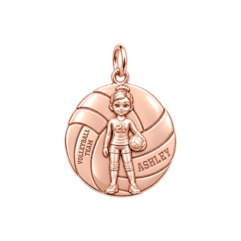 Volleyball Star Player Charm and Polyester Cord Bracelet Set – rose gold 3 cm charm, front view