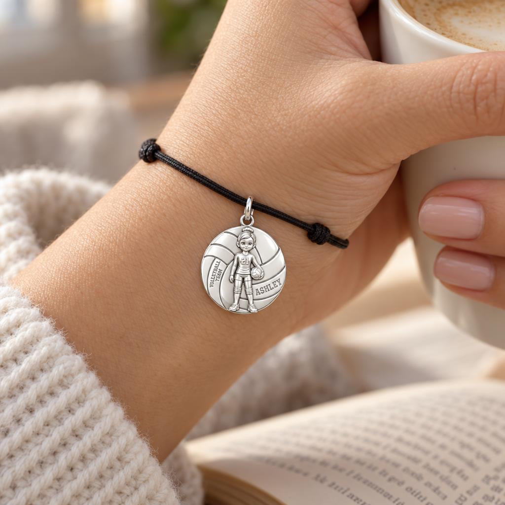 Volleyball Star Player Charm and Polyester Cord Bracelet Set – worn on the wrist on a black cord bracelet