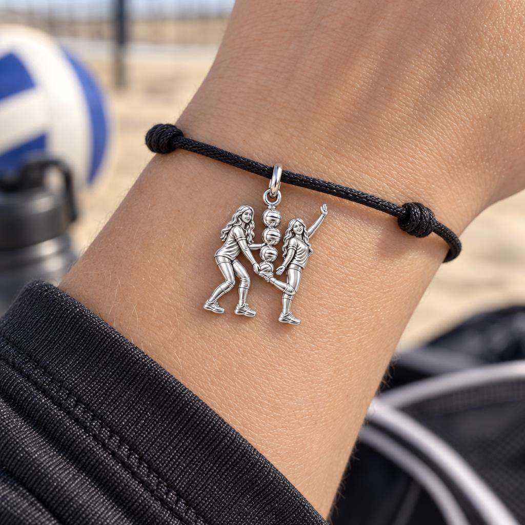 Volleyball Teammates Charm Bracelet – Personalized Athlete Gift – worn on the wrist on a black cord bracelet