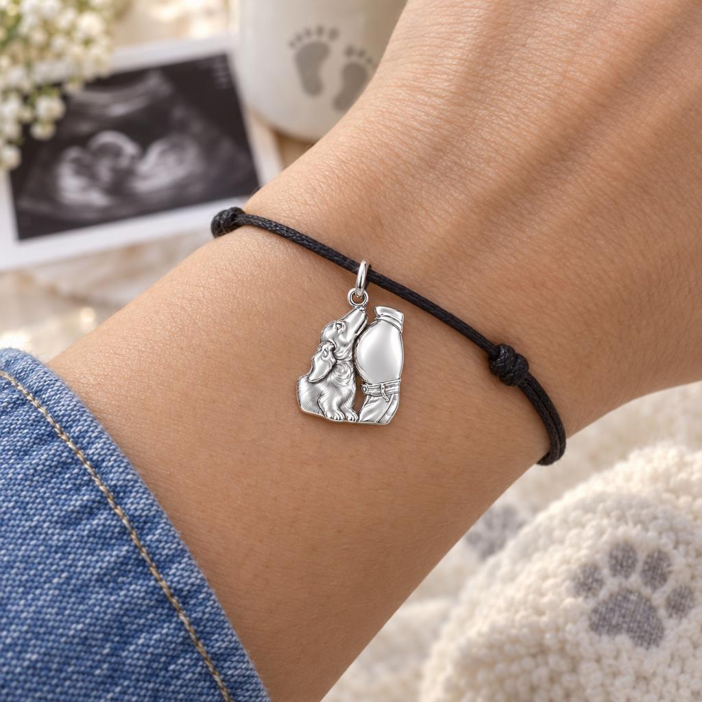 Waiting for Baby Charm Bracelet – Personalized New Mom Gift – worn on the wrist on a black cord bracelet