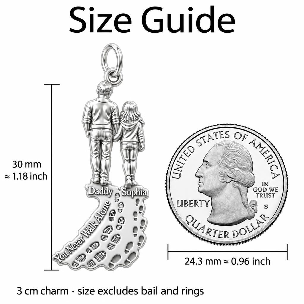 Walk With Me Charm Bracelet – Personalized Dad Gift – size guide, 3 cm charm next to a quarter