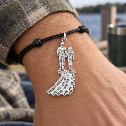 Walk With Me Charm Bracelet – Personalized Dad Gift – worn on the wrist on a black cord bracelet