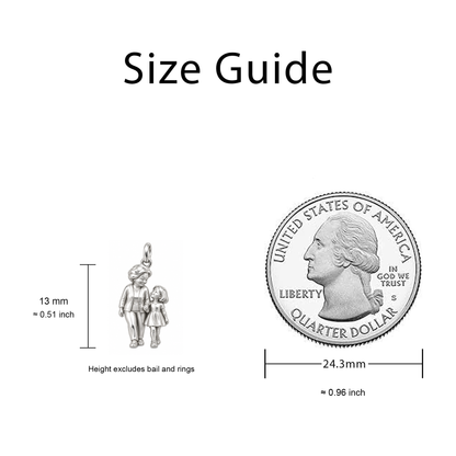 Walking with Grandma Charm size guide — 13 mm body excluding bail and rings; quarter diameter 24.3 mm