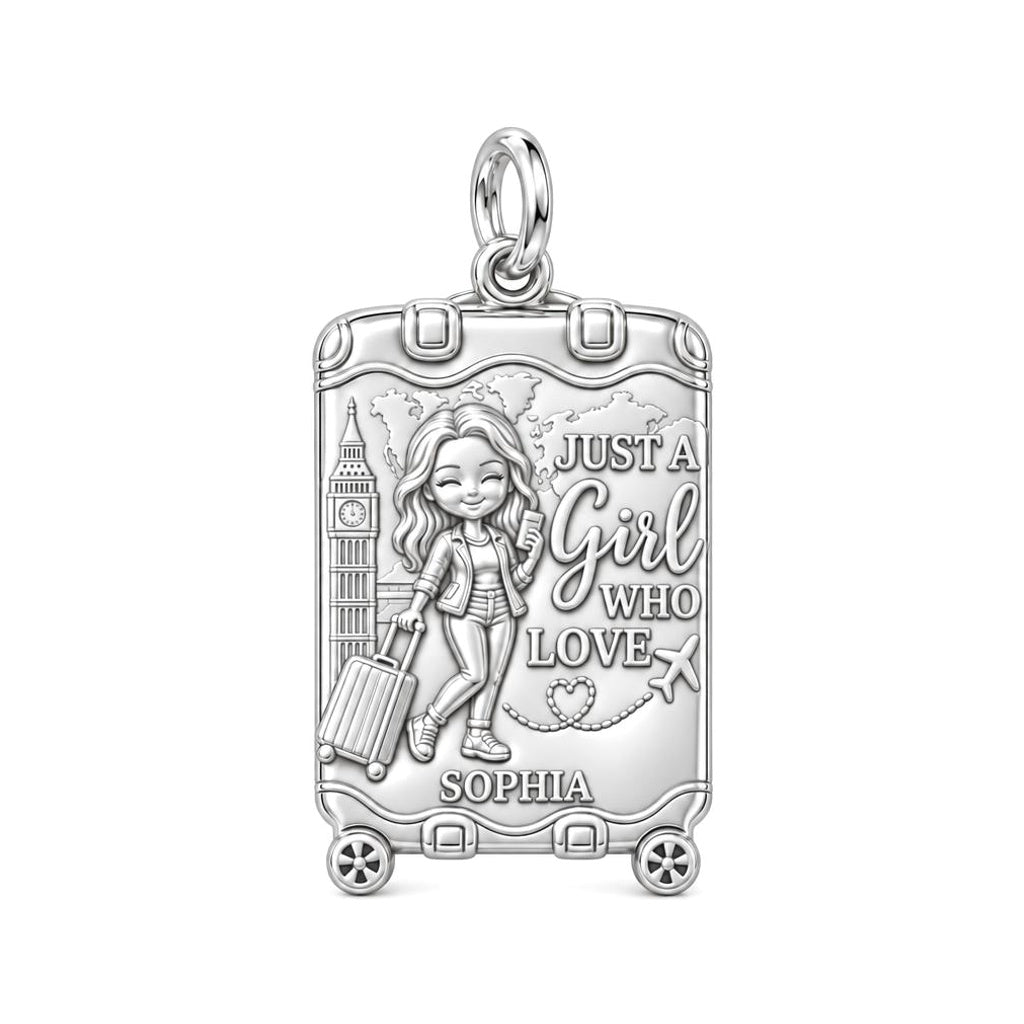 Wanderlust Suitcase Charm Bracelet – Personalized Traveler Gift – silver plated 3 cm charm, front view