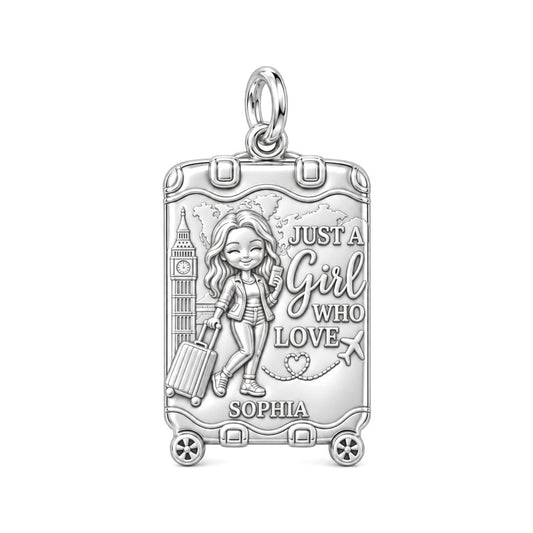 Wanderlust Suitcase Charm Bracelet – Personalized Traveler Gift – silver plated 3 cm charm, front view