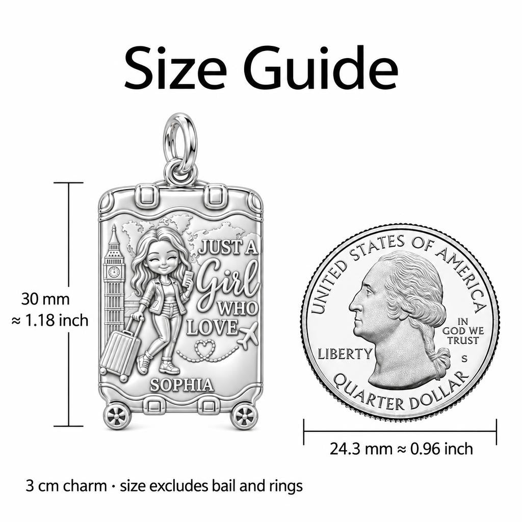 Wanderlust Suitcase Charm Bracelet – Personalized Traveler Gift – size guide, 3 cm charm next to a quarter