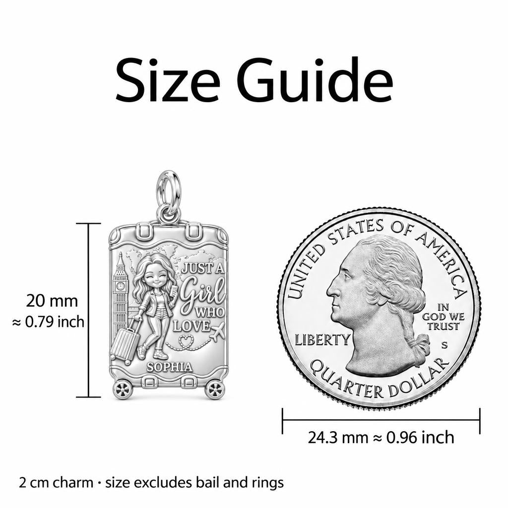 Wanderlust Suitcase Journey Charm Necklace Set – size guide, 13 mm charm next to a quarter