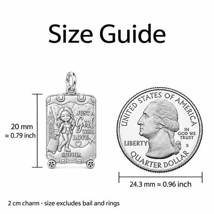 Wanderlust Suitcase Journey Charm Necklace Set – size guide, 13 mm charm next to a quarter