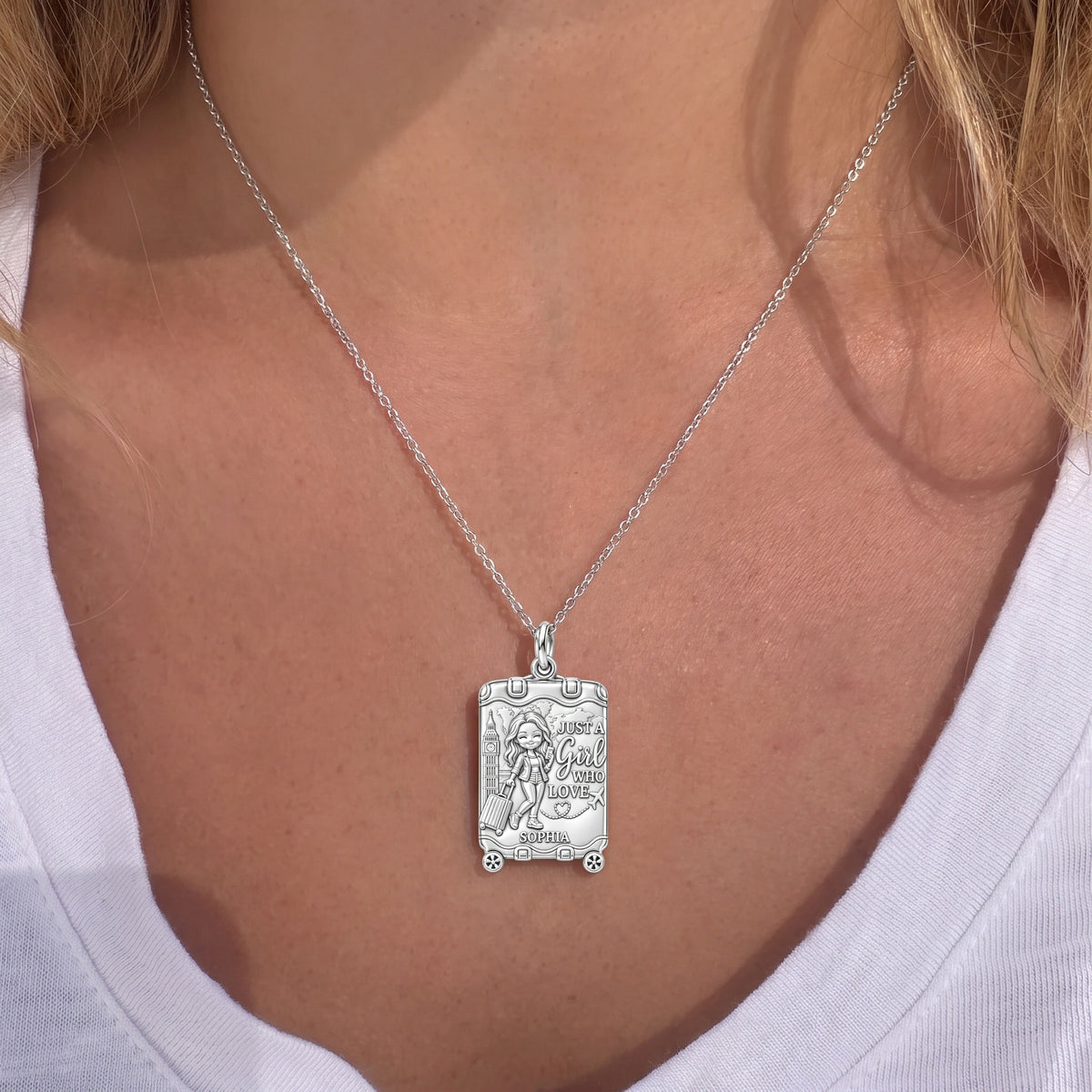 Wanderlust Suitcase Journey Charm Necklace Set – worn / in use