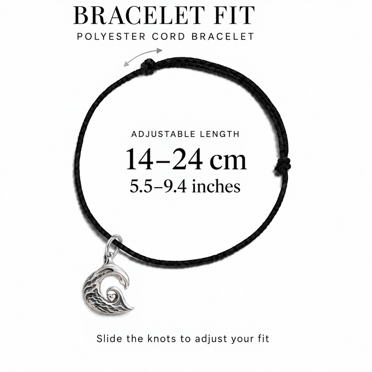 Wave Heart polyester cord bracelet adjustable fit 14–24 cm