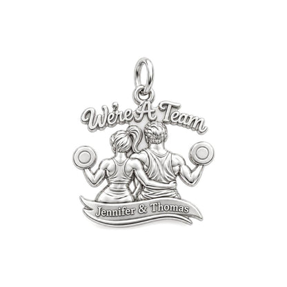 We're A Team Gym Couple Charm Bracelet – Personalized Couple Gift – silver plated 3 cm charm, front view