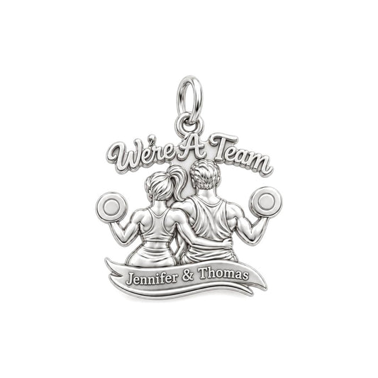 We're A Team Gym Couple Charm Bracelet – Personalized Couple Gift – silver plated 3 cm charm, front view