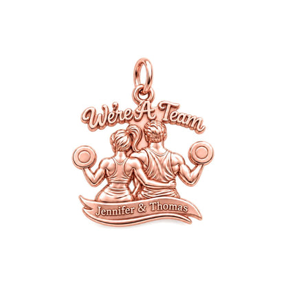 We're A Team Gym Couple Charm Bracelet – Personalized Couple Gift – rose gold 3 cm charm, front view