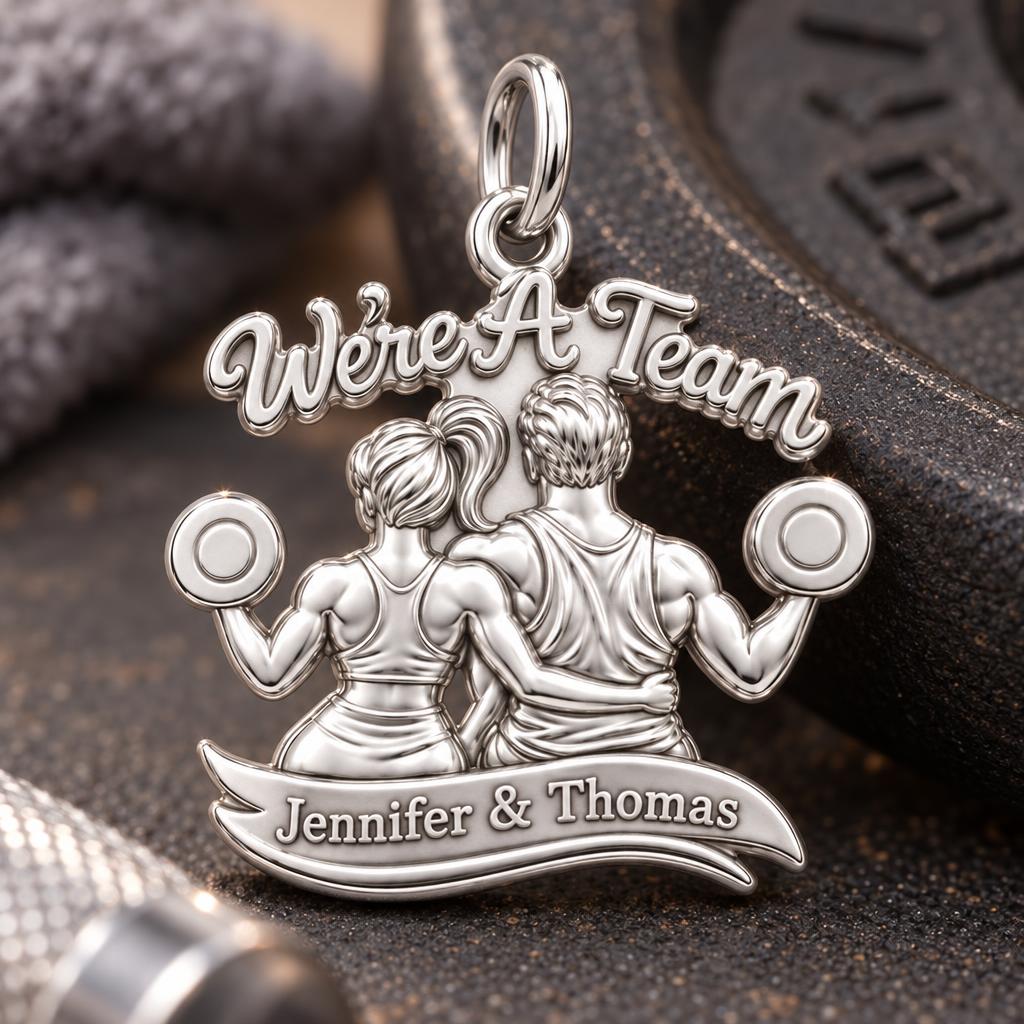 We're A Team Gym Couple Charm Bracelet – Personalized Couple Gift – macro detail of the charm