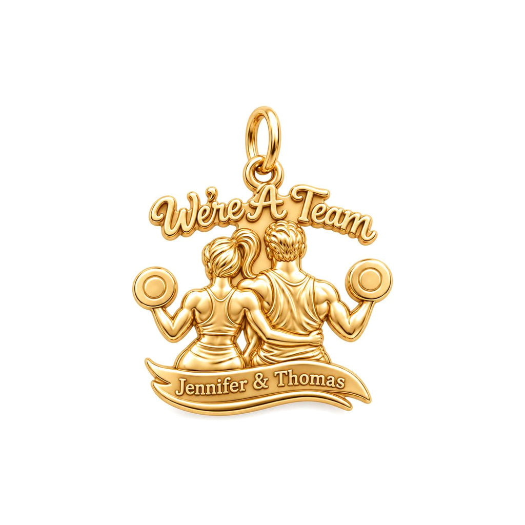 We're A Team Gym Couple Charm Bracelet – Personalized Couple Gift – 18K gold plated 3 cm charm, front view