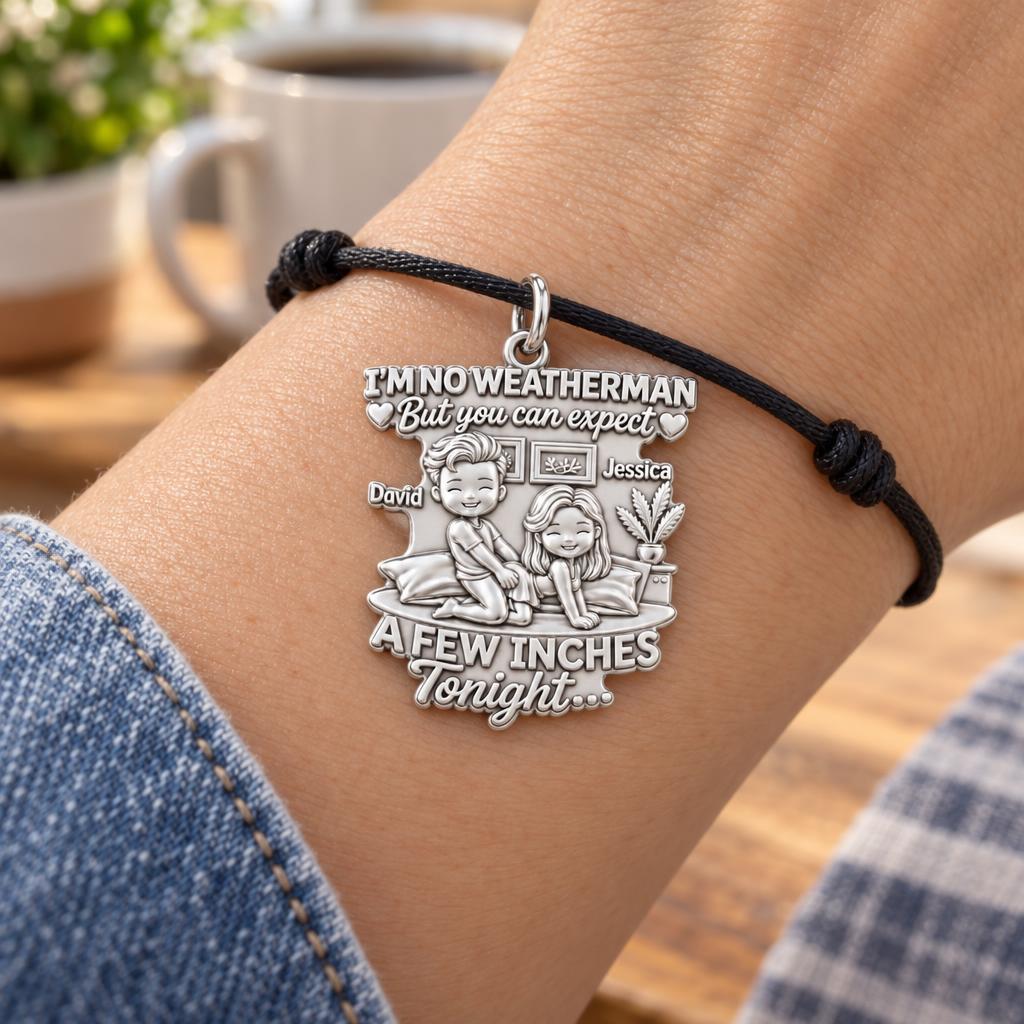 Weatherman Inches Charm Bracelet – Personalized Couple Gift – worn on the wrist on a black cord bracelet