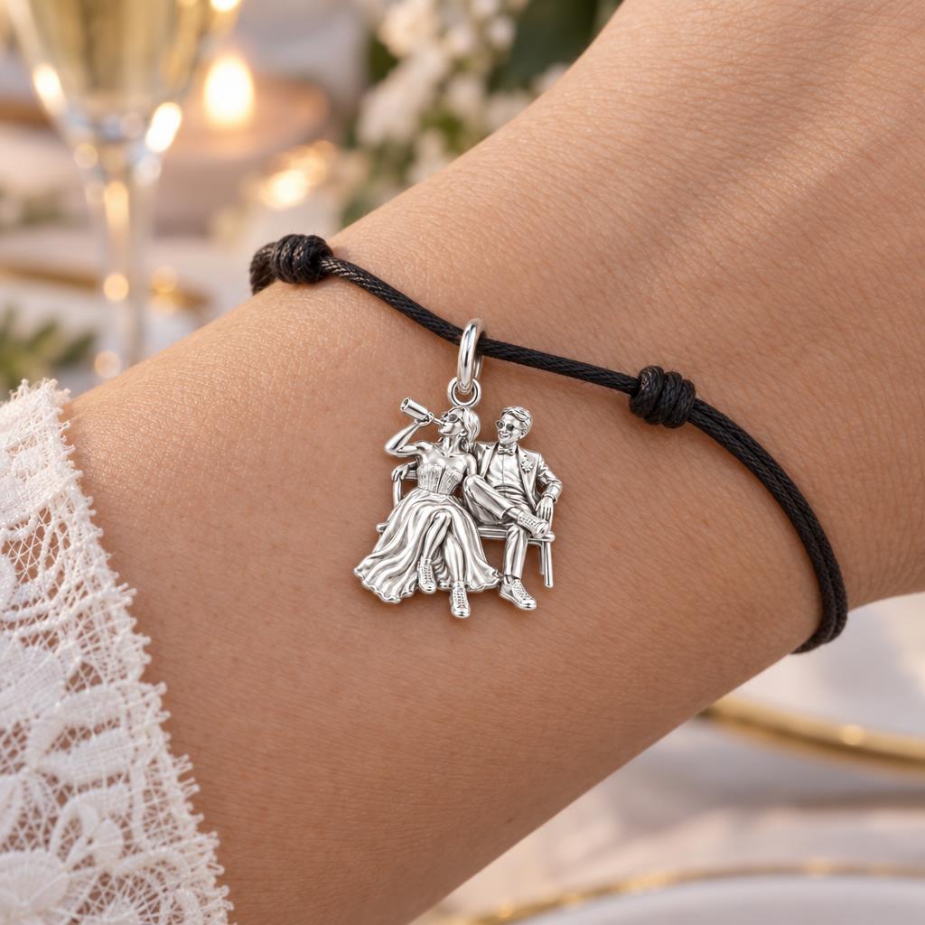 Wedding Afterparty Celebration Charm Bracelet – Personalized Couple – worn on the wrist on a black cord bracelet