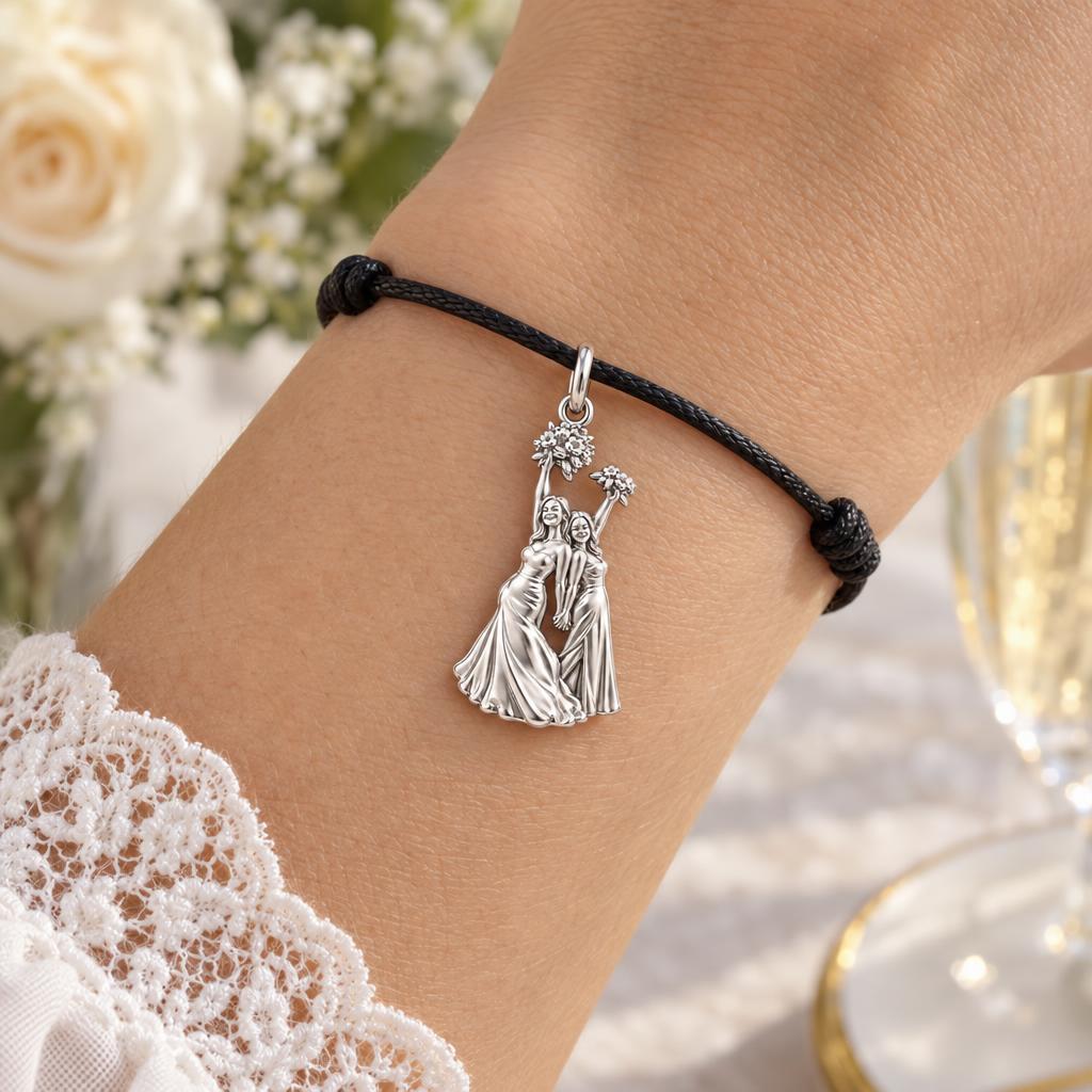 Wedding Best Friends Charm Bracelet – Personalized Bestie Gift – worn on the wrist on a black cord bracelet