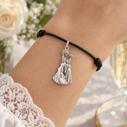 Wedding Best Friends Charm Bracelet – Personalized Bestie Gift – worn on the wrist on a black cord bracelet